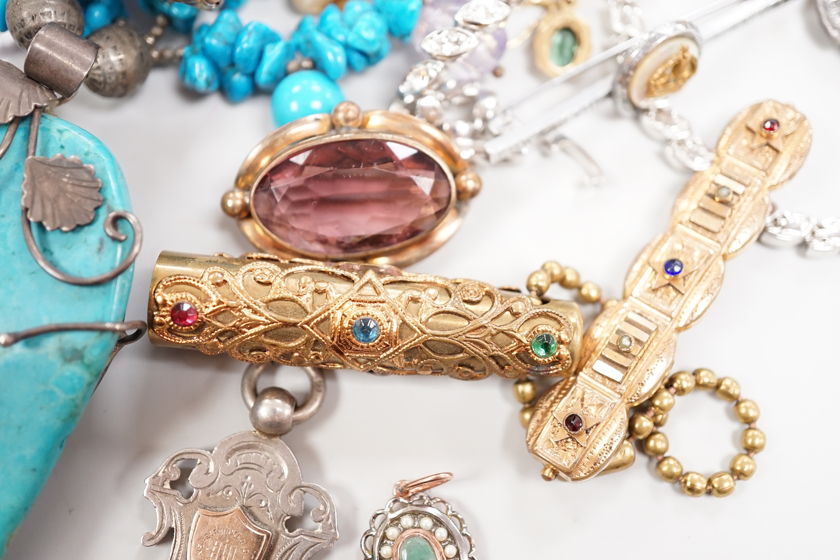Assorted costume and other jewellery including antique buckle, paste jewellery, silver medallion etc.